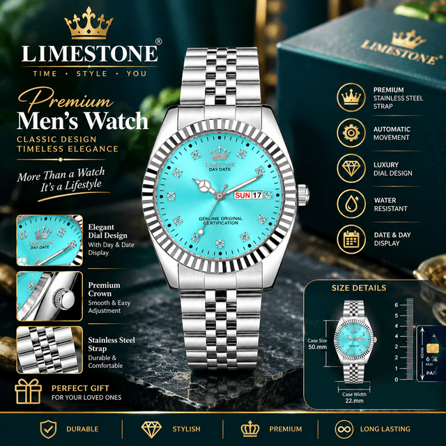 LIMESTONE Premium Silver Men’s Watch – White Dial, Day & Date Display with Stainless Steel Strap